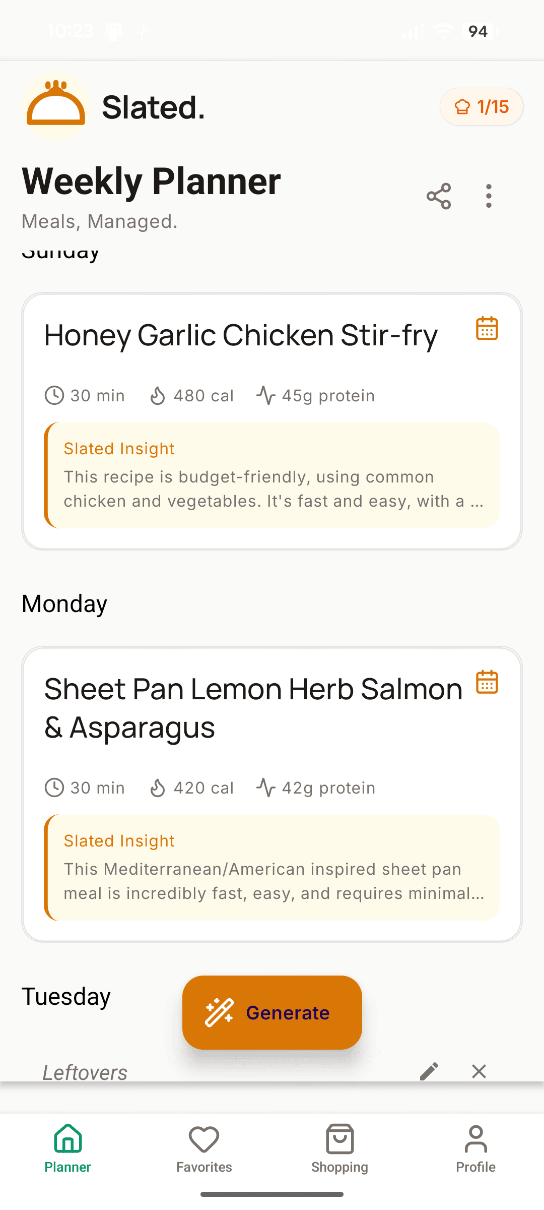 Slated app showing a ready-made weekly meal plan with dinner recipes for each night